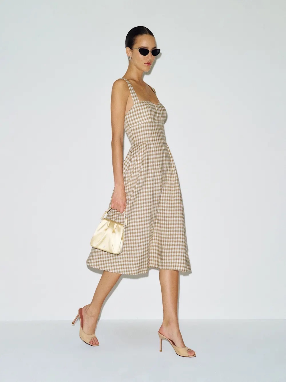 NEW Reformation Roma Midi Linen Dress Dunes Check Gingham Tan White | US 0 UK 4